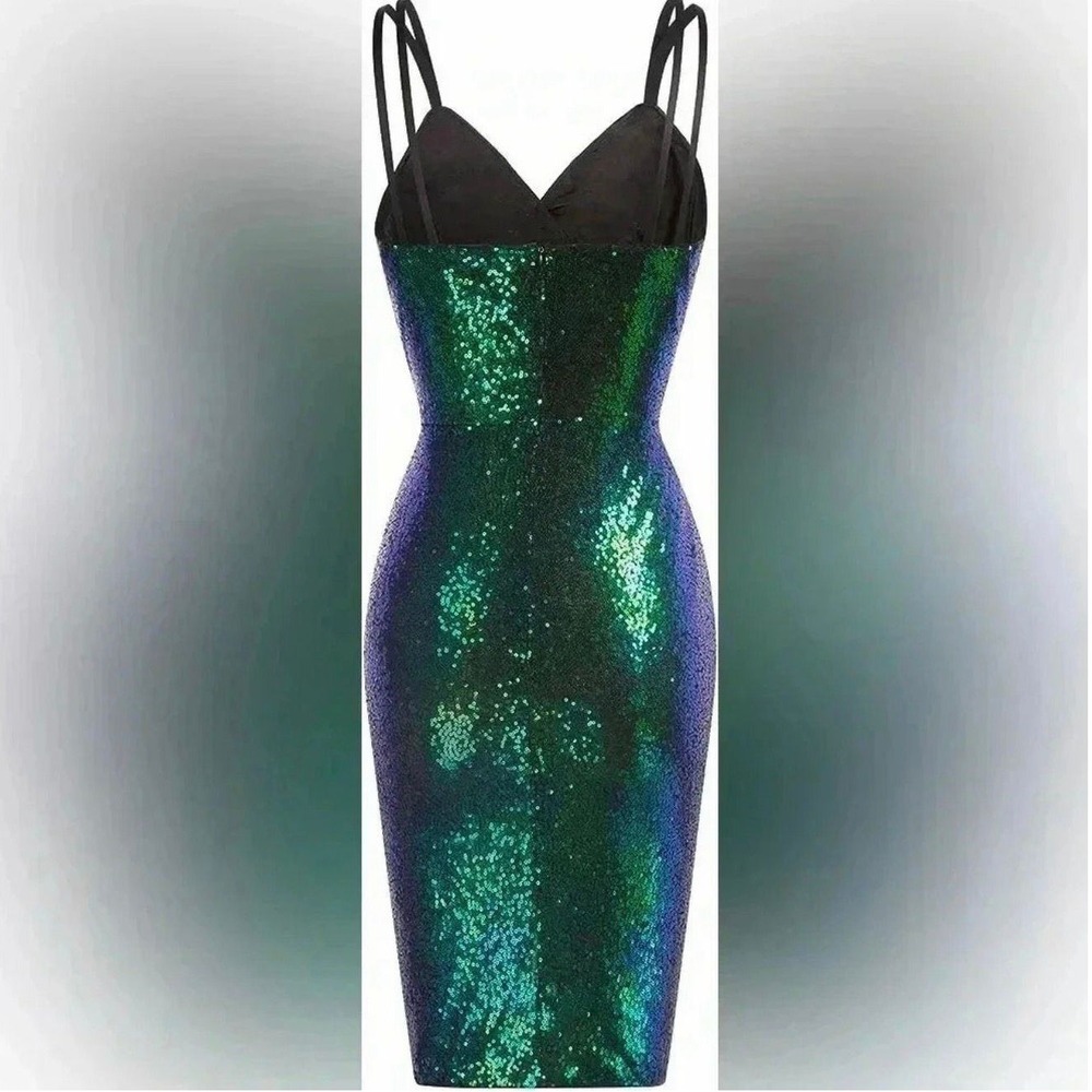 Grace Karin Green Sequin Ruched‎ Bodycon Dress Size M NWT Cocktail Sparkly V-Nec - Picture 5 of 5